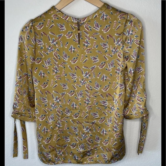 Mustard Yellow Feather Pattern Mock Ditsy Floral Neck Tie Sleeve Blouse Shirt - Picture 2 of 8